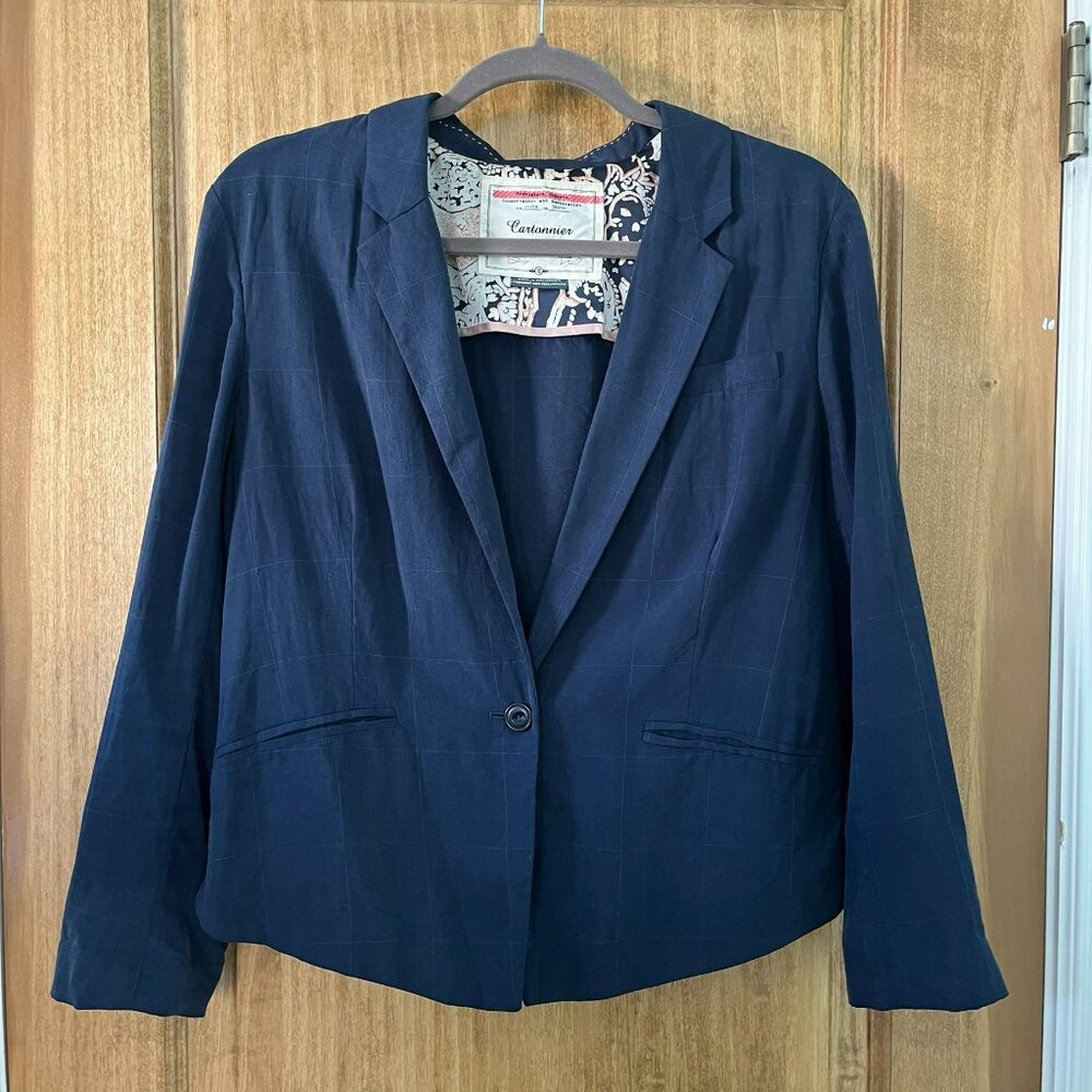Anthropologie | Cartonnier Blue Windowpane Cropped Lightweight Blazer | Size 10